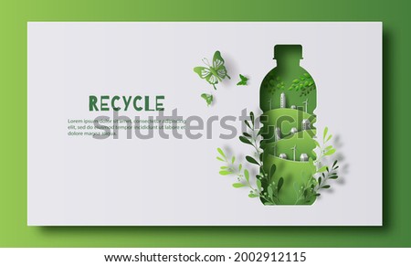 A bottle of water with a green city inside, the idea is to recycle old plastic bottles, think green, paper illustration, and 3d paper. Foto d'archivio © 