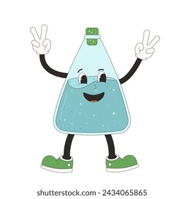 Bottle of water groovy character. Drink rubber hose animation style retro cartoon mascot. Beverage cute anthropomorphic. Drink more water. Wellness vector flat illustration isolated.