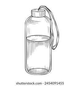 Botella con agua. Ilustración vectorial dibujada a mano de una bebida en un vaso deportivo reutilizable sobre un fondo aislado. Dibujo de frasco transparente para icono. Boceto de equipo de fitness femenino en estilo contorno.