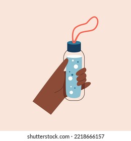 Bottle of water in hand, flat vector illustration isolated on beige background. Person holds plastic or glass bottle filled with drinking water. Concepts of hydration and health.