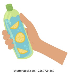 Flasche Wasser in der Hand. Mehrwegbehältnis für Flüssigkeiten.Hand, die eine Flasche hält, Wasserflasche.Vektorgrafik.
