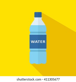 Bottle of water icon with long shadow in flat style isolated on yellow background. Vector illustration