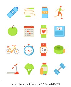 Bottle with water and jumping rope isolated icons vector. Bca vitamin amino acid for sportsmen, apple and broccoli, watches showing steps, heart rate