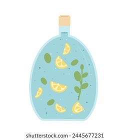 Bottle of water with lemon. Homemade soft drink isolated on white background. Fresh sour beverage with berries and fruits. Vector flat illustration.