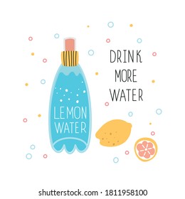 A bottle of water with lemon juice. The concept of drinking more water. The use of drinking water. Vector illustration isolated on a white background