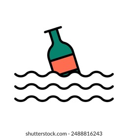 Bottle in water line icon. Pollution, ocean, marine debris, plastic waste, environmental issue, trash, litter, water contamination, floating, discarded, sea pollution, waste management