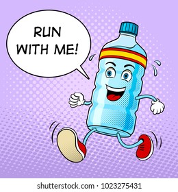 Bottle of water run pop art retro vector illustration. Cartoon character. Text bubble. Color background. Comic book style imitation.