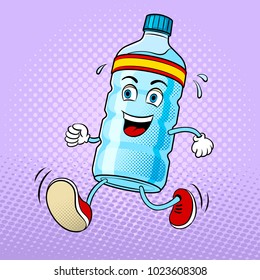 Bottle of water run pop art retro vector illustration. Cartoon character. Color background. Comic book style imitation.