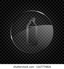 bottle of water, simple icon. Icon in circle glass bubble on dark transparent grid. Glass style