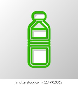 bottle of water, simple icon. Paper style. Cut symbol with green bold contour on shape and simple shadow