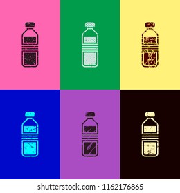 bottle of water, simple icon. Pop art style. Scratched icons on 6 colour backgrounds. 