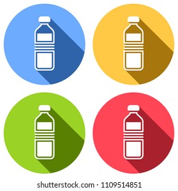 bottle of water, simple icon. Set of white icons with long shadow on blue, orange, green and red colored circles. Sticker style
