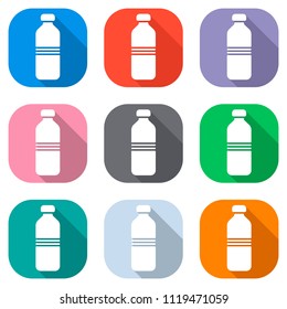 bottle of water, simple icon. Set of white icons on colored squares for applications. Seamless and pattern for poster