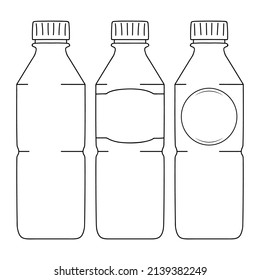Botella de agua en dibujo de esbozo. Plantilla en estilo de línea simple. Residuos de plástico. Frasco de líquido, leche, refrescos frescos o agua potable. Vector