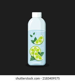 Flasche Wasser mit Kalk- und Minzblättern. Frische, funkelnde, coole, flache Vektorgrafik in Grün- und Blautönen. Beste Lösung für Web, Print, Branding Design und Promotion.