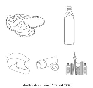 A bottle of water, sneakers, a flashlight for a bicycle, a protective helmet.Cyclist outfit set collection icons in outline style vector symbol stock illustration web.