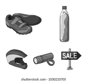 A bottle of water, sneakers, a flashlight for a bicycle, a protective helmet.Cyclist outfit set collection icons in monochrome style vector symbol stock illustration web.
