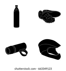 A bottle of water, sneakers, a flashlight for a bicycle, a protective helmet.Cyclist outfit set collection icons in black style vector symbol stock illustration web.