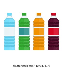 Bottle of water and sweet soda in flat style. Plastic beverage bottles icon set. Bottled cold drinks isolated on white background. Vector illustration EPS 10.