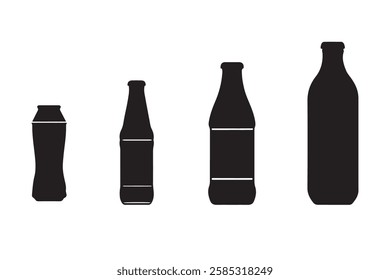 Bottle of water, vector can of soda icon set. Plastic and aluminum bottled beverage symbol. Water, beer, soda and juice silhouette.