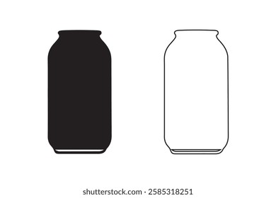 Bottle of water, vector can of soda icon set. Plastic and aluminum bottled beverage symbol. Water, beer, soda and juice silhouette.