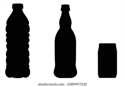 Bottle of water, vector can of soda icon set. Plastic and aluminum bottled beverage symbol. Water, beer, soda and juice silhouette.  Beverage, beer and brewing sign and symbol, transparent background.