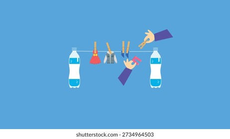 Botella de agua y ropa para lavar. Ilustración vectorial en estilo plano