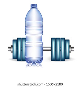 bottle of water and weights isolated on white