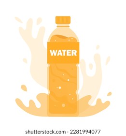 Bottle with water. Yellow plastic container with liquid. Advertising poster or banner. Healthy lifestyle and sport. Fight thirst and restore watersalt balance. Cartoon flat vector illustration