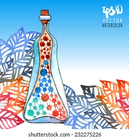 Bottle. Watercolor holiday card in vector format.