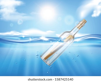 Frasco en composición ondulada realista con sol brillante sobre el cielo y el mar con ilustración vectorial de botella de vidrio fluido