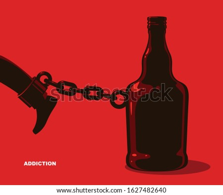 Bottle as a weight on shackles chain to leg alcoholism metaphor vector trendy design of social advertising poster or banner, addiction to alcohol bad habits and problems.