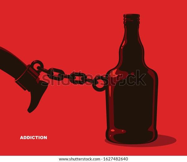 Bottle as a weight on\
shackles chain to leg alcoholism metaphor vector trendy design of\
social advertising poster or banner, addiction to alcohol bad\
habits and problems.