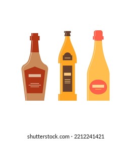 Bottle of whiskey, beer, champagne great design for any purposes. Icon bottle with cap and label. Flat style. Color form. Party drink concept. Simple image shape. Vector.
