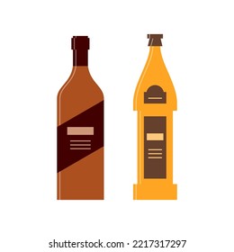Bottle of whiskey and beer. Great design for any purposes. Icon bottle with cap and label. Flat style. Color form. Party drink concept. Simple image shape. Vector.
