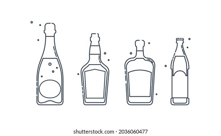 Bottle whiskey champagne liquor beer line art in flat style. Vector restaurant alcoholic illustration for celebration design. Design contour element. Beverage outline icon. Isolated on white backdrop
