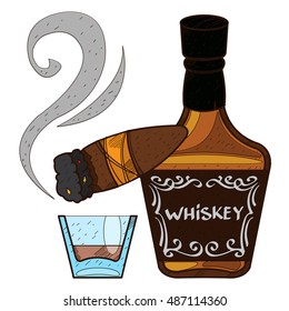 Bottle of whiskey and a cigar logo. Alcohol.