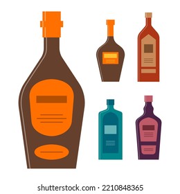 Bottle of whiskey cognac balsam gin liquor. Icon bottle with cap and label. Graphic design for any purposes. Flat style. Color form. Party drink concept. Simple image shape. Vector.
