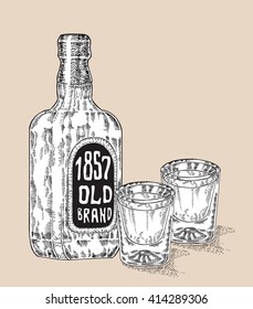 Bottle of whiskey drink. Hand drawn two glasses of whiskey. Engraving style. Vector illustration