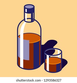 Bottle of whiskey and glass with 3d flat style. Transparent glass objects on color background. Simple volume vector elements for your project