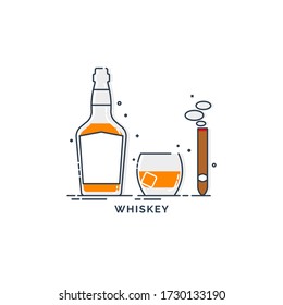 Bottle of whiskey glass with ice and a burning cigar. Set of alcoholic drink and a relaxing smoking object. Isolated flat illustration on white background. Line art design for restaurant and pub.
