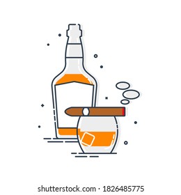 Bottle of whiskey glass with ice and a burning cigar. Set of alcoholic drink and a relaxing smoking object. Isolated flat illustration on white background. Line art design for restaurant and pub.
