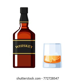 Bottle of whiskey and a glass of ice cubes. Vector illustration, isolated on white background for web design banner, poster or greeting card 