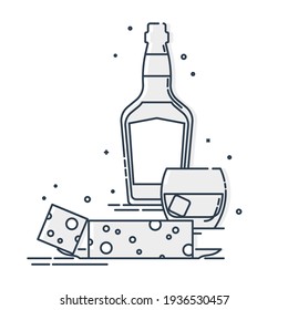 Bottle of whiskey and glass with snack cheese. Set of alcoholic drink and appetizer. Isolated flat illustration. Line art design for restaurant and pub. Vector.
