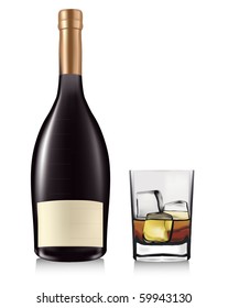 Bottle and whiskey in glass. Vector.