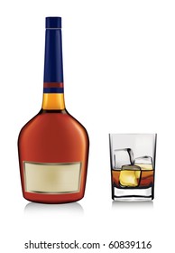 Botella y whisky en vaso. Vector.