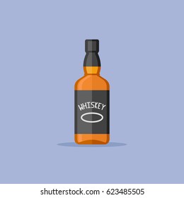 Bottle of whiskey isolated on blue background. Flat style icon. Vector illustration.