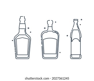 Bottle whiskey and liquor beer line art in flat style. Restaurant alcoholic illustration. Design contour element. Beverage outline icon. Isolated on white backdrop in graphic style. Vector.
