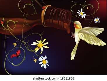 bottle of whiskey a small bird and flowers