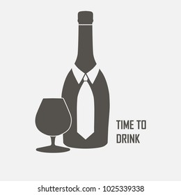 Bottle of whiskey with a tie and a glass. Invitation to a party - time to drink. Vector illustration. Isolated.
